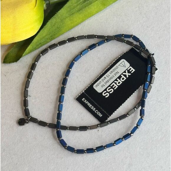 Express Set of 2 Stretch Beaded Bracelet in Blue Brown and Silver Tone - Picture 4 of 7